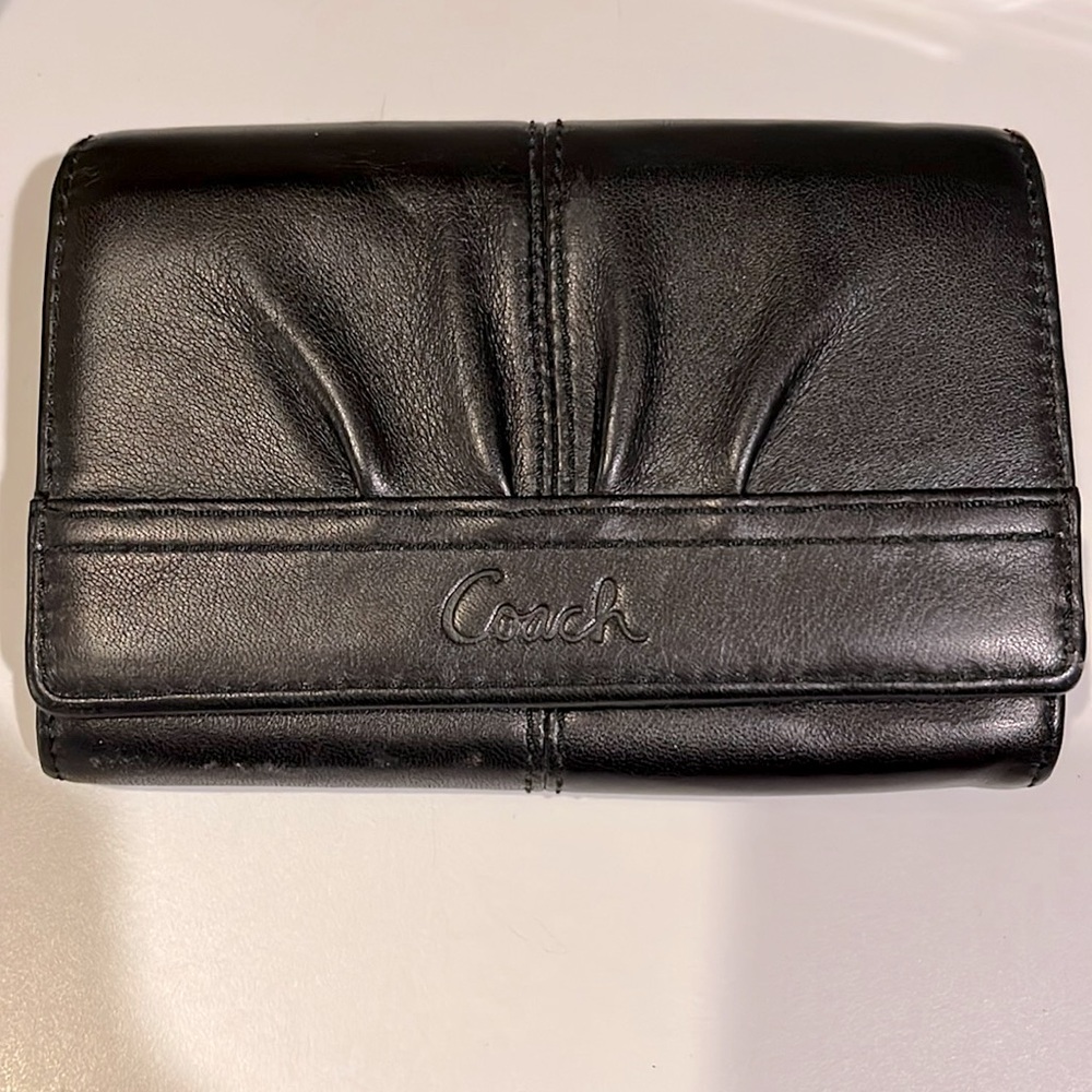 Coach Clutch Style Black Soft Leather Wallet w/Blue Fabric Inside ALMOST NEW